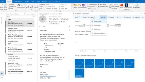 Screenshot showing Dynamics 365 Business Central data available inside Outlook